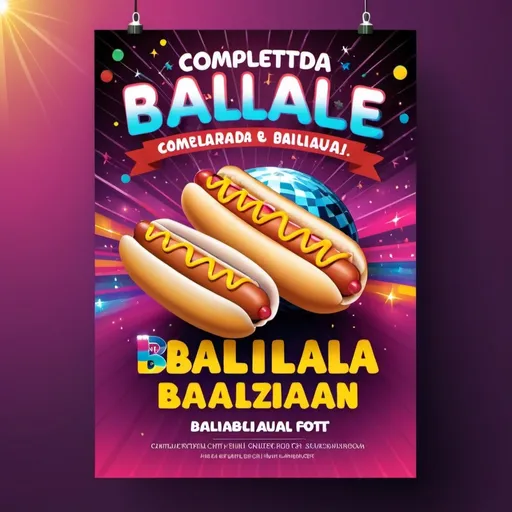 Prompt: Birthday Party flyer with Chilean "italiano" hot dog and venezuelan hot dog together. A disco ball on the ceiling every illustrated as vector with disco lights arround. The text for the title is: "Completada bailable" as a latin american  sign font, and as a second title 