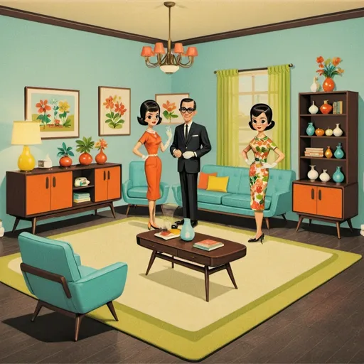 Prompt: vintage 1960s mid-century modern room with people gathered in authentic clothing.  Furniture should be bright flowery mid mid-century styled. Should have swung vases placed around the room with a bookcase of lefton china