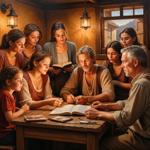 Prompt: Realistic oil painting of a captivating storytelling scene, warm and inviting atmosphere, intricate facial expressions, rich storytelling details, high quality, realistic, detailed realism, storytelling theme, warm tones, professional lighting, oil painting, detailed facial expressions, realistic scene