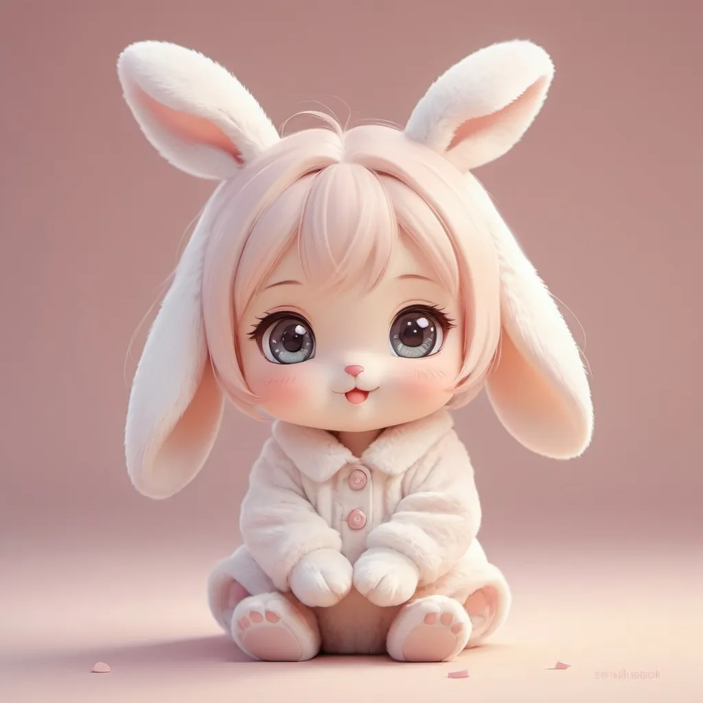 Prompt: Chibi bunny with sweet and endearing expression, wide-eyed innocence, gentle smile, soft pastel colors, cute and charming, high quality, adorable, kawaii style, warm lighting, detailed fur, cute eyes, digital art, sweet and innocent, heartwarming atmosphere