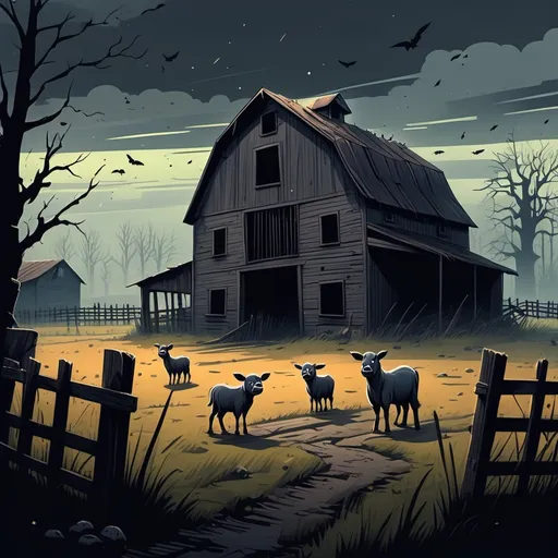 Prompt: (cartoons of animals looking up in fear), eerie abandoned farm background, desolate atmosphere, dilapidated barns and fences, dark and moody colors, exaggerated expressions on animals, faded grass, misty sky, unsettling shadows, whimsical yet grim vibe, highly detailed and vivid cartoon style, brings in a sense of suspense, captivating scene in a 2D illustration, warm and cold color contrasts.
