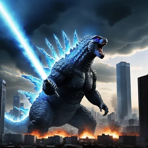 Prompt: realistic image; destroyed city godzilla shooting long line of blue nuclear beam from mouth; godzilla movie 2003 style