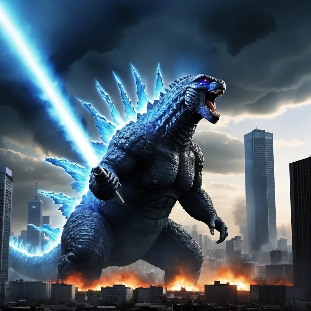 Prompt: realistic image; destroyed city godzilla shooting long line of blue nuclear beam from mouth; godzilla movie 2003 style