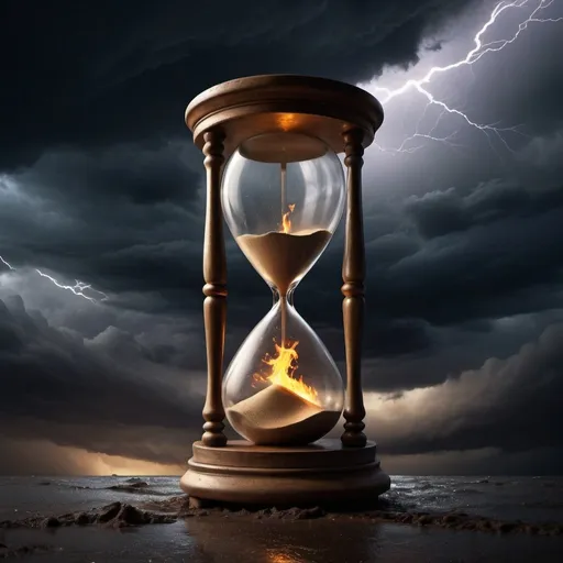 Prompt: realistic image of hourglass in the dark night and stormy sky; rain and thunder and strong wind; fire storm