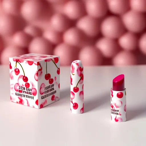 Prompt: Cherry pattern lip balm stick box placed on a white table Studio photoshoot

