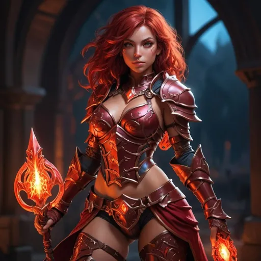 Prompt: Female mage heroine, detailed fantasy, highres, 4k, professional, curvy, red light, tanned skin, highly glowing eyes, body armor, leg armor, deep red hair, fantasy style, glowing eyes, detailed design, vibrant colors, professional lighting