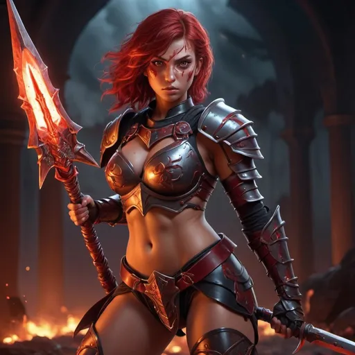 Prompt: Female warrior heroine, detailed fantasy, highres, 4k, professional, curvy, red light, tanned skin, highly glowing eyes, body armor, leg armor, deep red hair, fantasy style, glowing eyes, detailed design, vibrant colors, professional lightning, holding bloody war scyte,