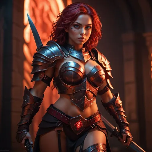 Prompt: Female warrior heroine, detailed fantasy, highres, 4k, professional, curvy, red light, tanned skin, highly glowing eyes, body armor, leg armor, deep red hair, fantasy style, glowing eyes, detailed design, vibrant colors, professional lighting, knifes,