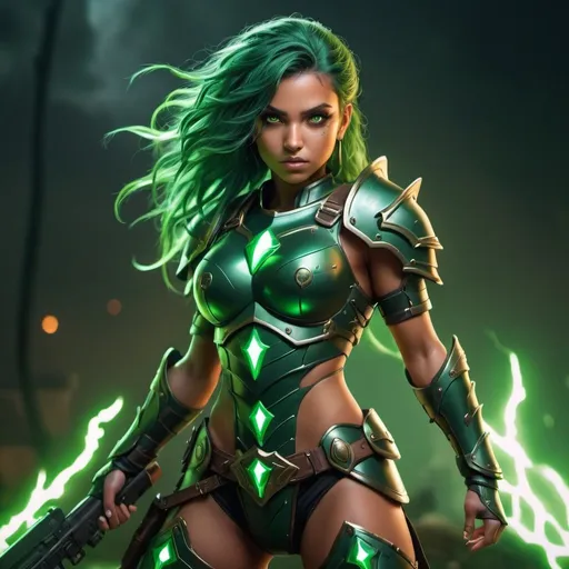 Prompt: Female warrior heroine, detailed fantasy, highres, 4k, professional, curvy,  green light, tanned skin, highly glowing eyes, body armor, leg armor, deep green hair, fantasy style, glowing eyes, detailed design, vibrant colors, professional lightning, guns,