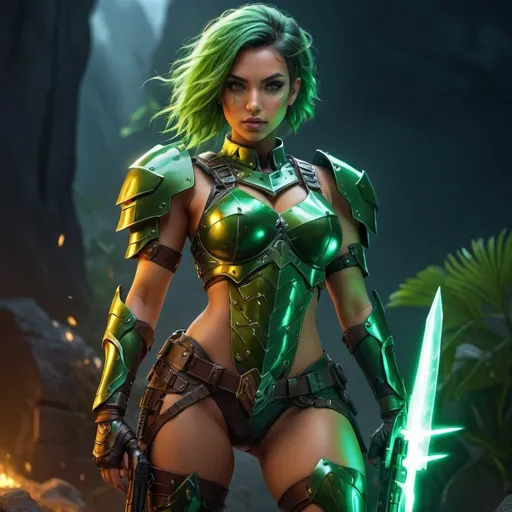 Prompt: Female warrior heroine, detailed fantasy, highres, 4k, professional, curvy,  green light, tanned skin, highly glowing eyes, body armor, leg armor, deep green hair, fantasy style, glowing eyes, detailed design, vibrant colors, professional lightning, holding War hummer,