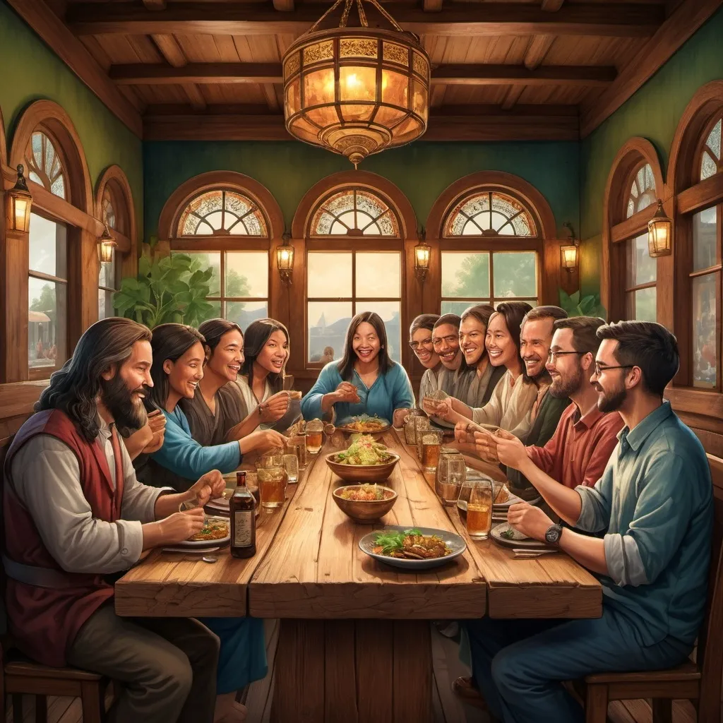 Prompt: In the style of Leonardo da Vinci "the last supper" produce a picture of scientists and engineers enjoying Thai food in an englist pub setting