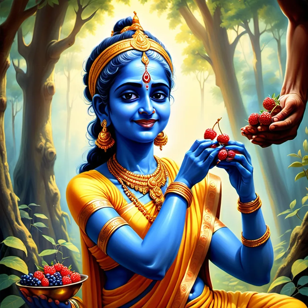 Prompt: An old but devoted woman, Shabari Mata, offering sweet berries to Lord Rama with pure love. Rama, with his divine blue skin and golden dhoti, smiles gently, accepting them. The setting is a peaceful forest with soft sunlight filtering through the trees.
