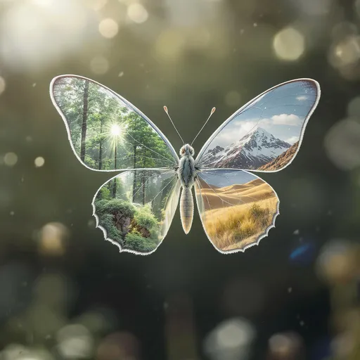 Prompt: A surreal and poetic image of a delicate butterfly with transparent glass wings. Each wing reflects vivid natural landscapes — one wing shows a lush forest with sunlight breaking through trees, the other reflects a snowy mountain or a golden desert. The glass catches the light and creates soft glowing reflections. The butterfly is suspended mid-air against a blurred, dreamy background. Symbol of fragility and connection with nature. Ultra-detailed, ethereal lighting, artistic and emotional style.
