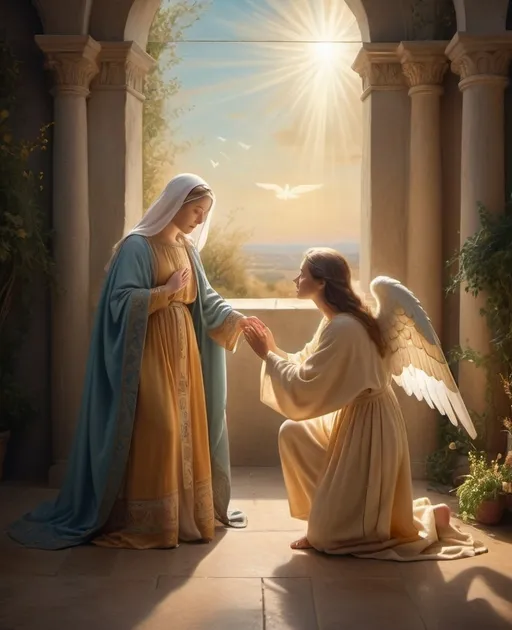 Prompt: Mary receives the visitation of the Angel Gabriel