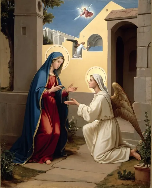 Prompt: Mary receives the visitation of the Angel Gabriel fotographic picture