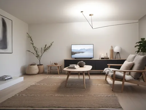 Prompt: Minimalist living room with Scandinavian design, clean lines, uncluttered space, neutral color palette, natural light, high quality, minimalistic, Scandinavian design, clean lines, uncluttered, neutral colors, natural light, serene atmosphere