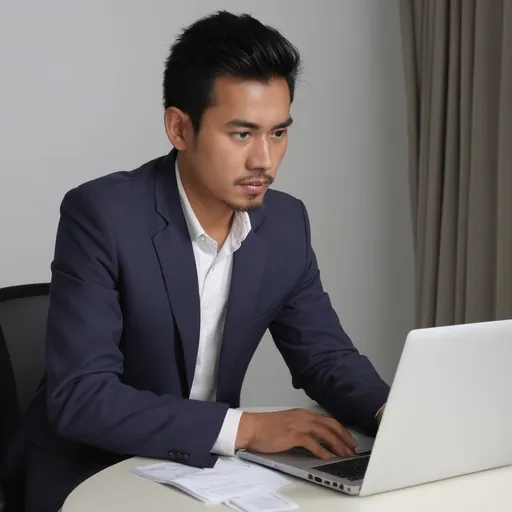 Prompt: man, malay, working on computer, wearing blazer, trying hard