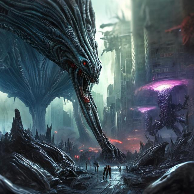 Prompt: Giant angry alien stomping, futuristic world, fleeing people, intense action, high quality, detailed 3D rendering, sci-fi, dystopian, futuristic setting, terrified crowd, dramatic lighting, alien anatomy, high-tech cityscape, panic, chaos, ultra-detailed, action-packed, dynamic composition, fear, chaos, epic scale