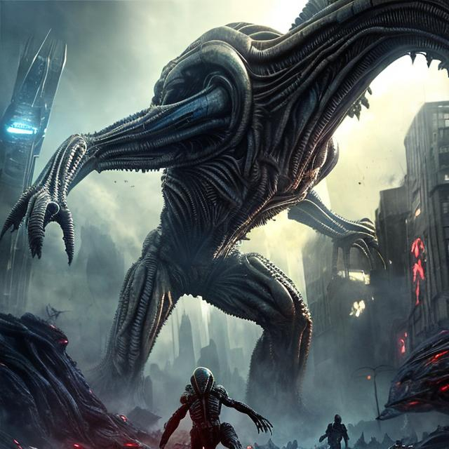 Prompt: Giant angry alien stomping, futuristic world, fleeing people, intense action, high quality, detailed 3D rendering, sci-fi, dystopian, futuristic setting, terrified crowd, dramatic lighting, alien anatomy, high-tech cityscape, panic, chaos, ultra-detailed, action-packed, dynamic composition, fear, chaos, epic scale