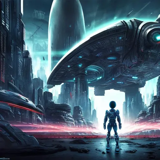 Prompt: Futuristic cityscape with a determined boy armed with advanced weapon, alien invasion, intense battle, high-tech environment, ultra-detailed, sci-fi, futuristic, dynamic action, futuristic city, advanced weapon, determined boy, alien invasion, intense battle, high-tech environment, futuristic setting, professional, atmospheric lighting