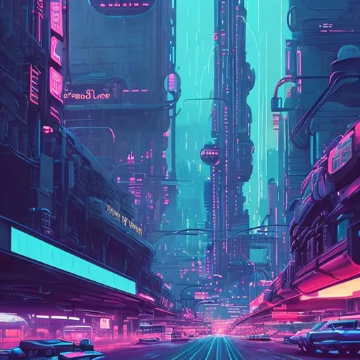 Prompt: Retro-futuristic concept art of a bustling city, neon lights, futuristic vehicles, metallic buildings, holographic billboards, vintage-inspired technology, worn-out robot assistants, high quality, retro-futurism, bustling city, neon lights, futuristic vehicles, metallic buildings, holographic billboards, vintage technology, worn-out robots, concept art, atmospheric lighting