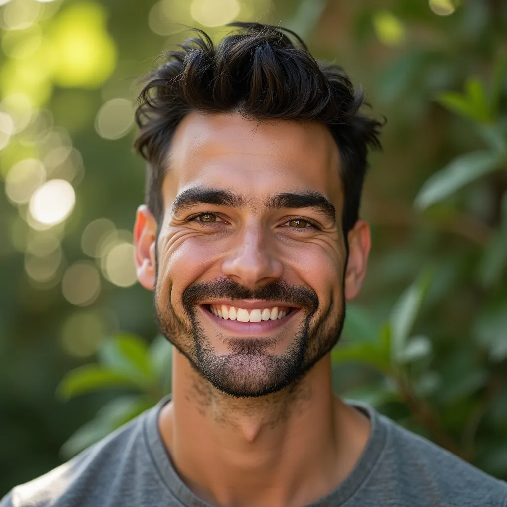Prompt: generate a photorealistic headshot of Jake (prompt: "29-year-old athletic man, short dark hair, bearded, smiling confidently, natural lighting