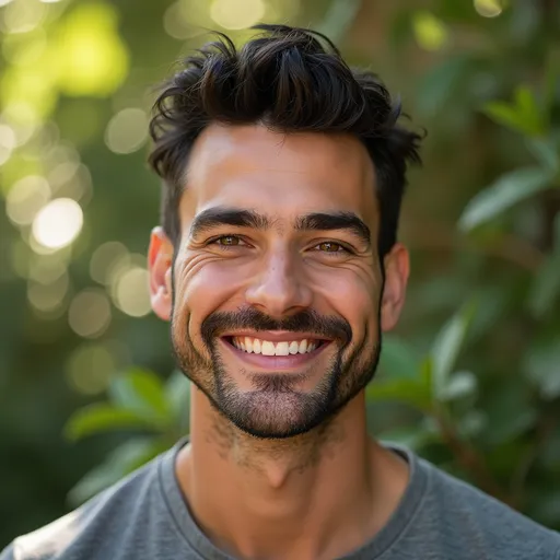 Prompt: generate a photorealistic headshot of Jake (prompt: "29-year-old athletic man, short dark hair, bearded, smiling confidently, natural lighting