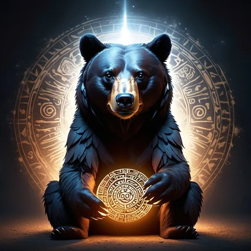 Prompt: bear with light coming out paws, but inside his body want a raven want in middle of mayan calendar
