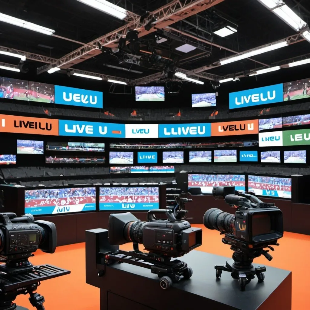Prompt: Create a wide-mode image of a TV center for sports and journalism. This company is exclusive and does it live with LiveU equipment. The company 2Live has Liveus equipment and is the supplier. A happy and hard-working team.