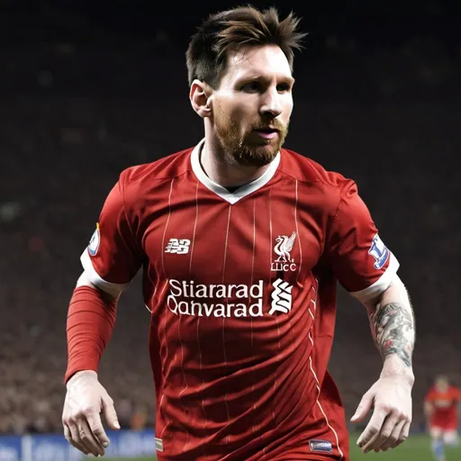 Prompt: create me messi wearing a liverpool fc shirt