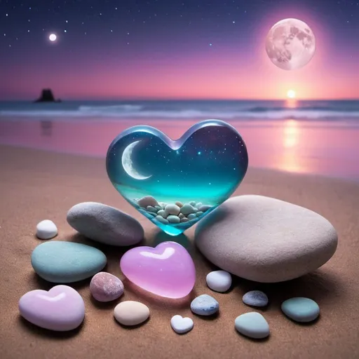 Prompt: cosmic , hearts, rocks pastel, glass, beach ,
moon

