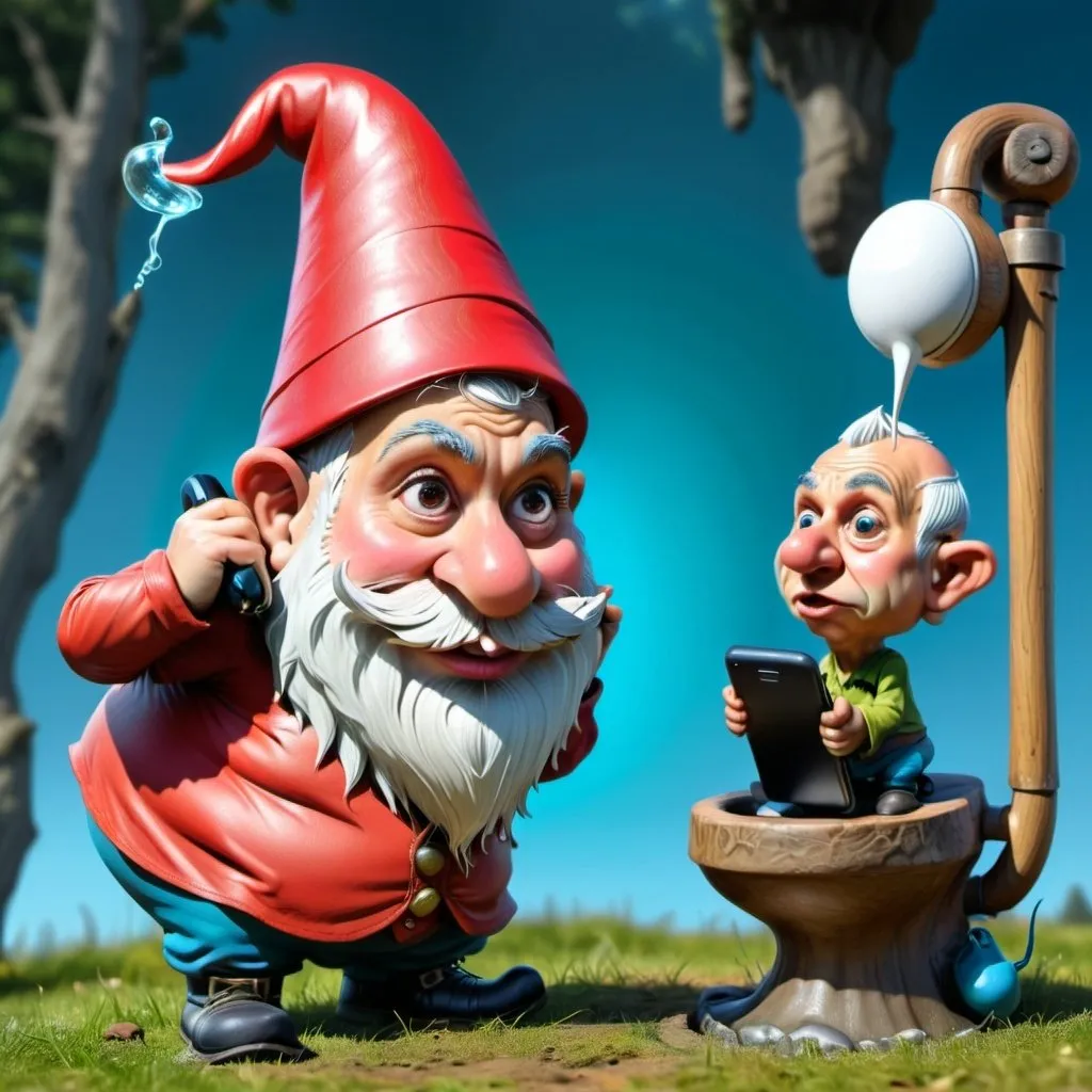 Prompt:  gnome watching a toilet with a mans head popping out of it on a phone while the gnome says "skibidi" in a speech bubble