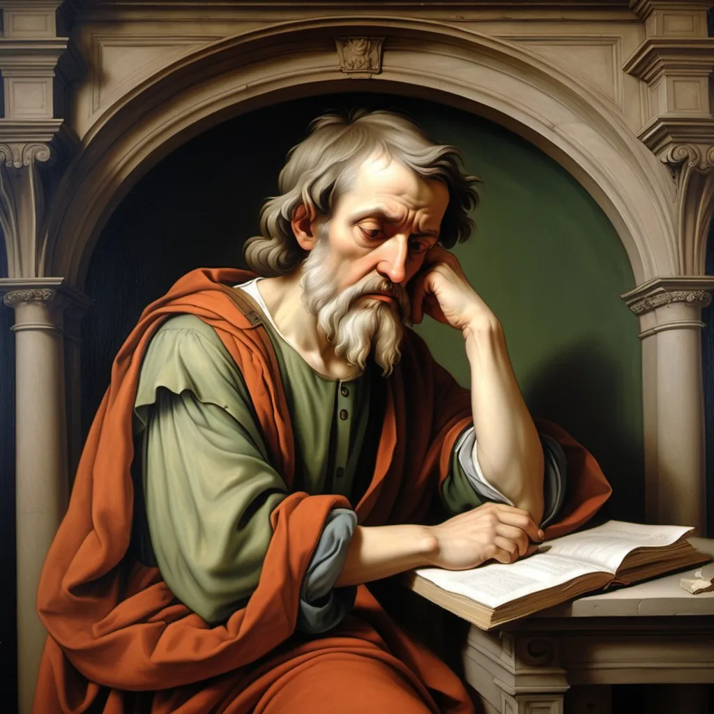 Prompt: renaissance acient style painting of sad philosopher