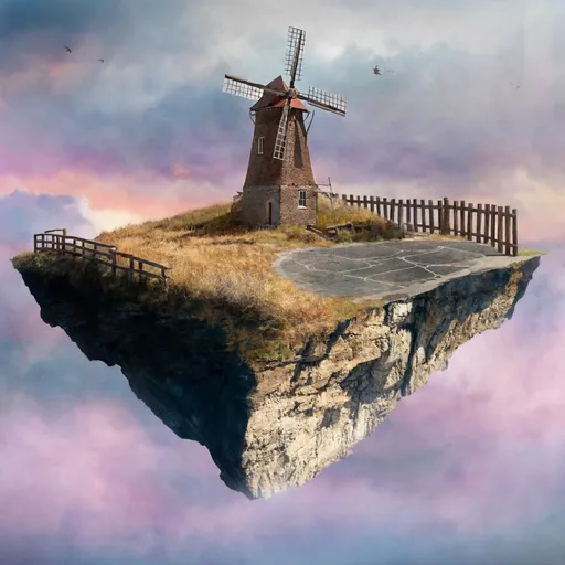 Prompt: a windmill floating in the sky above a mountain range with a fence and a fence on top of it, Chris LaBrooy, surrealism, surreal photography, a detailed matte painting