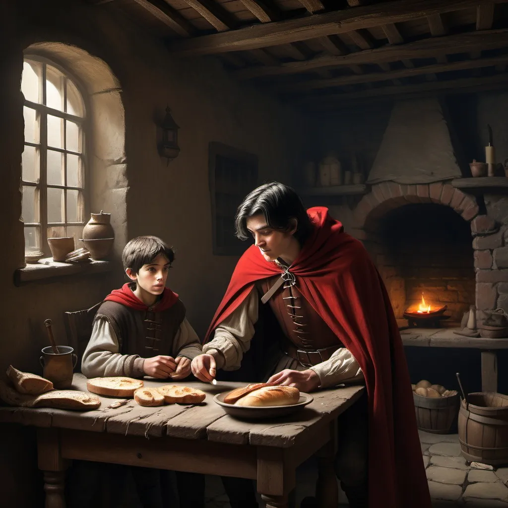 Prompt: One Squire man in mid 40's dark hair and skinny with a sword, with red cape. He is sharing bread with a poor teenager boy wearing old torn garments and none cape. Year 1538. They are in an old dark house with non furniture. Dim candlelight casting shadows, rich textures of the house, warm and cozy atmosphere, (detailed environment), high quality, (4K) cinematic feel.