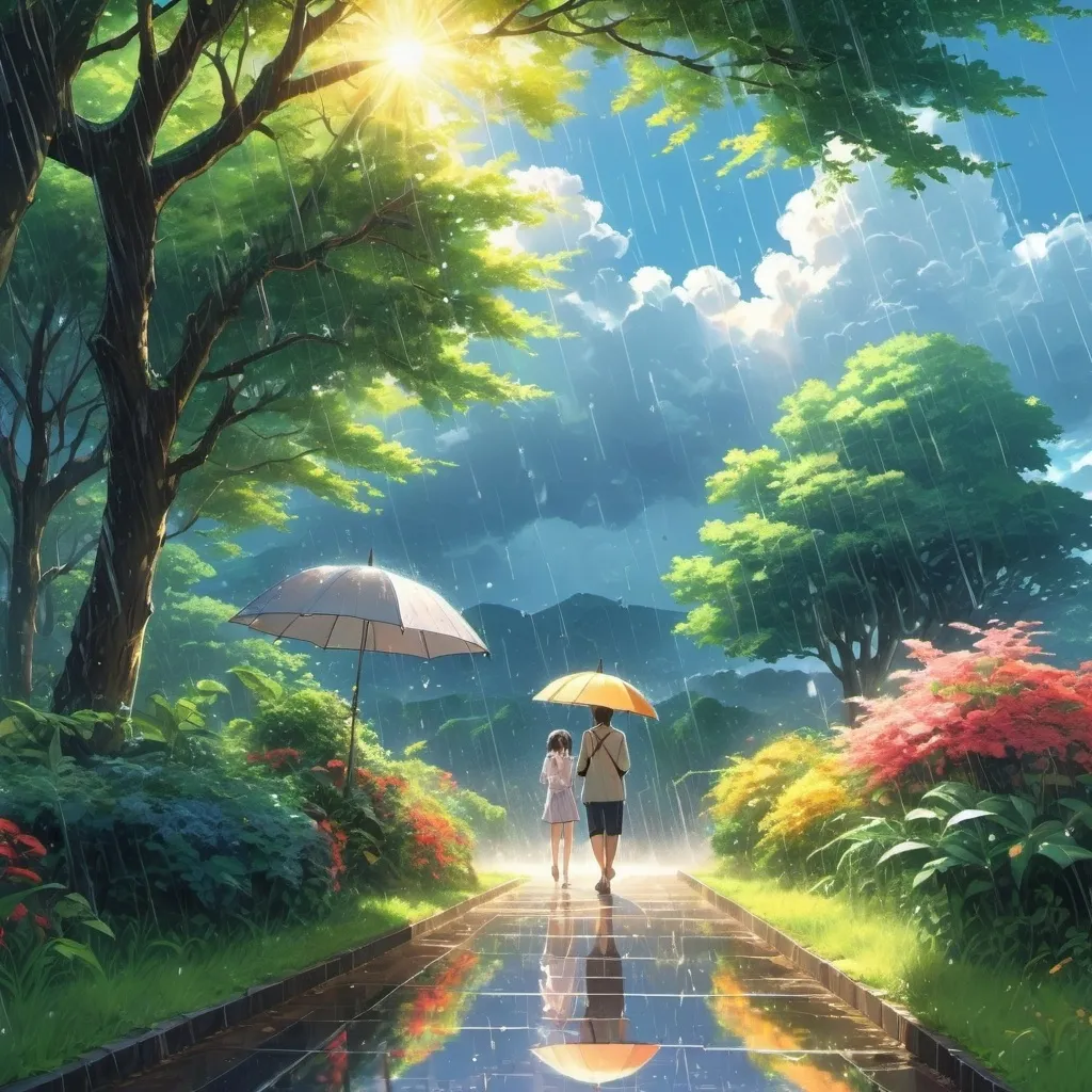 Prompt: Sunshower anime scenery