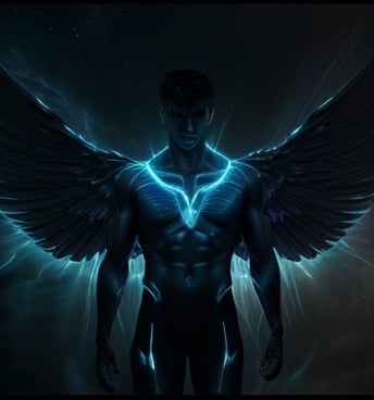 Prompt: male, mysterious, only hinted at, digital angel, energy circuits of glowing light, dark muscular torso, large wings over whole image, black sky background, lovin kind face, glowing light in chest