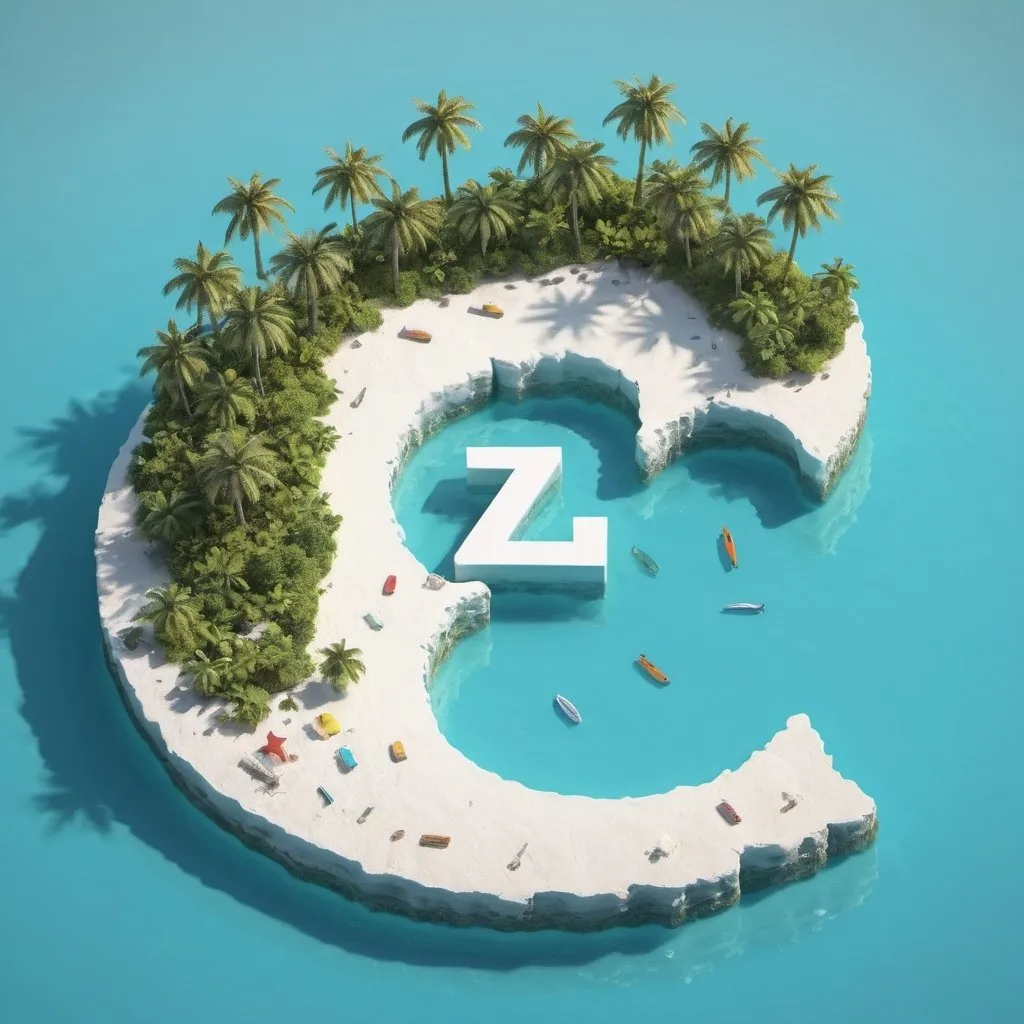 Prompt: miniature isometric world render, the letter Z surrounded by clear water, bahamas. 