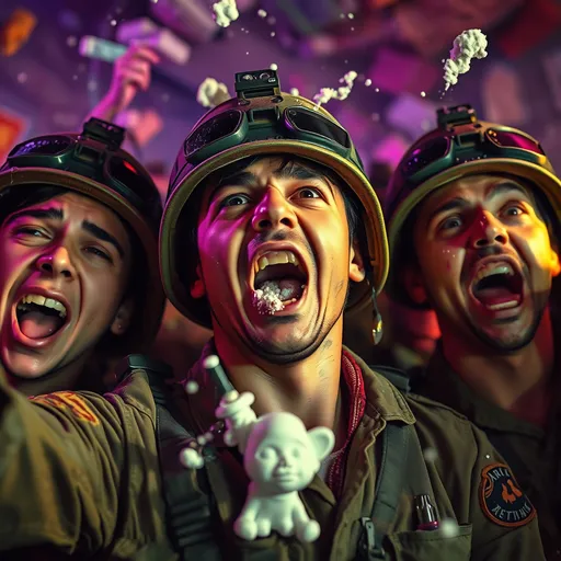 Prompt: (soldiers tripping on LSD and cocaine), expressions of confusion and euphoria, chaotic environment, intense emotions, dynamic poses, high-contrast lighting, soft edges blending with vibrant hues, dreamlike quality, HD, ultra-detailed.