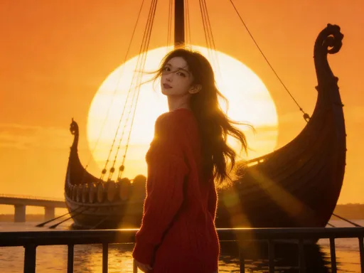 Prompt: @UtCN7vte4dPomLGpNKmI A cinematic full-body portrait of a 21-year-old woman with stunning beauty, standing by the railing in front of a massive swinging Viking ship during the golden hour. Her head is tilted elegantly as she looks back at the camera, her long chestnut-brown hair partially blown across her face by the wind. The massive golden sunset is directly behind the Viking ship, creating a powerful silhouette effect and intense rim lighting on the edges of her red cable-knit sweater and hair. Her expression is nostalgic and dreamy. The movement of the Viking ship in the background shows a slight motion blur. Dramatic golden lens flares streak across the scene, with a heavy 35mm film grain and warm, nostalgic tones. The distant concrete viaduct is a soft silhouette against the deep orange sky. Exquisite detail on the fabric folds and back-lit hair strands, 8K, ultra-realistic, poetic atmosphere.