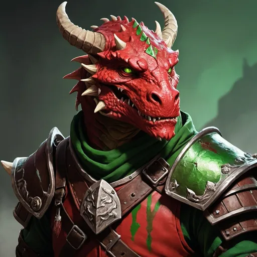 Prompt: A dragonborn from DND. he is red with green tones and scarred from battle. the image is from the chest up