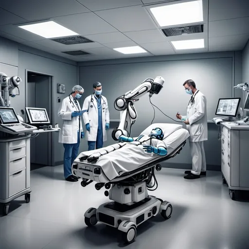 Prompt: Please create A picture/drawing the includes doctors or hostpitals or ambulnaces or just something in that topic in the future and inculde ai or robots