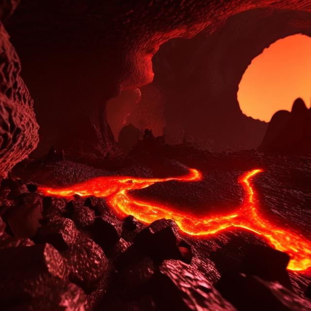 Prompt: A dark cavern with lava background at night in the 3d games style