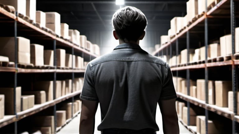 Prompt: man in grey shirt and jeans in a very dark room, warehouse shelves in the background, age 30,  facing away, sleek short hair, expanded shot, fantasy, photorealistic, 4k