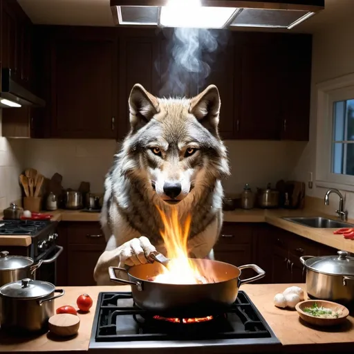 Prompt: Wolf cooking in kitchen