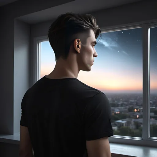 Prompt: man in a black T-shirt watching outside the window in a dark room, bright sky, facing away, sleek hair style, fantasy, 4k, photorealistic