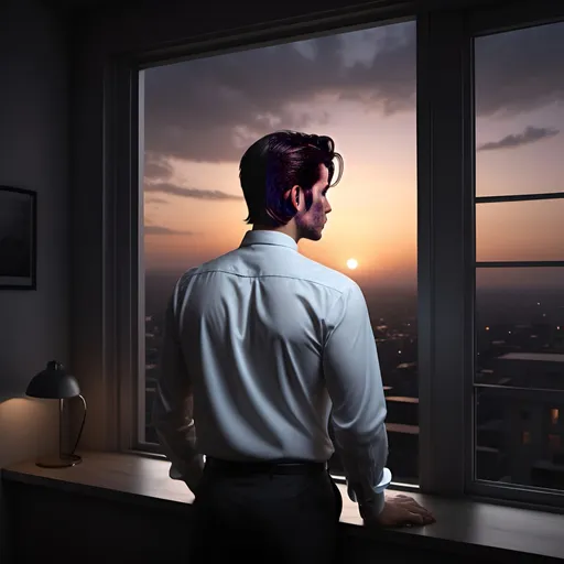 Prompt: man in dress shirt watching outside the window in a dark room, sunset sky, facing away, sleek hair style, fantasy, dark light, 4k, photorealistic