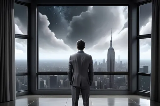 Prompt: tall man in grey suit watching outside a large window, age 30, dark sky, face away, sleek but short hair, expanded shot, fantasy, photorealistic, 4k