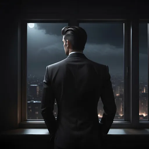 Prompt: man in suit watching outside the window in a dark room, facing away, sleek hair style, fantasy, dark light, 4k, photorealistic