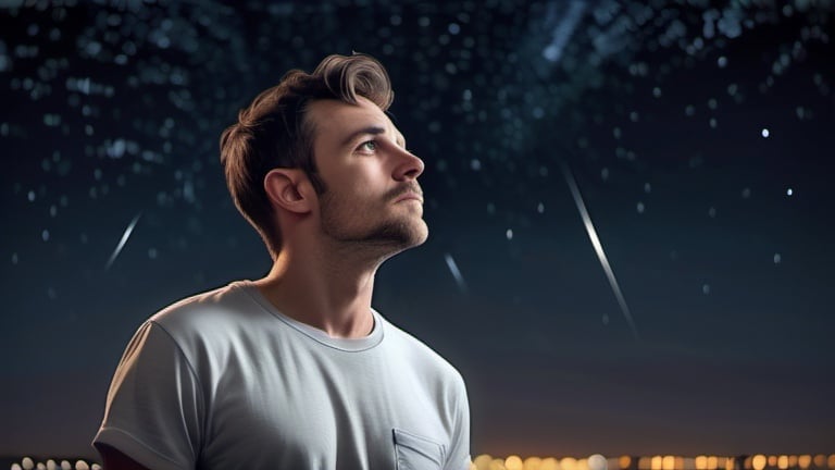 Prompt: man in t-shirt, watching stars at night, age 30, facing up, sleek short hair, expanded shot, photorealistic, 4k